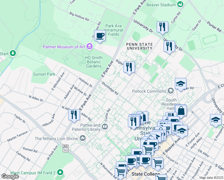 map of restaurants, bars, coffee shops, grocery stores, and more near 439 Shortlidge Road in State College