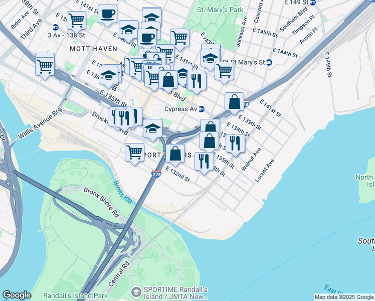 map of restaurants, bars, coffee shops, grocery stores, and more near in The Bronx