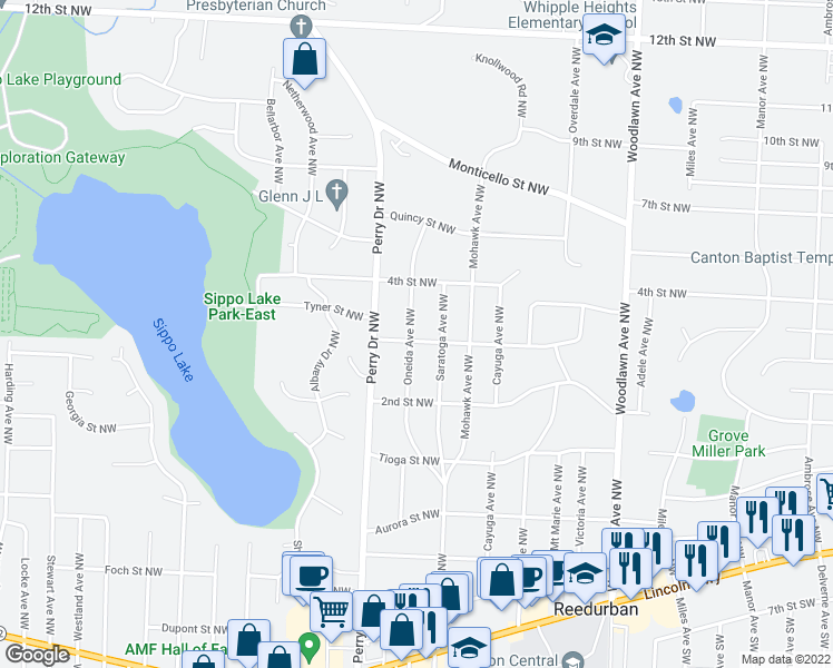 map of restaurants, bars, coffee shops, grocery stores, and more near 300 Oneida Avenue Northwest in Canton