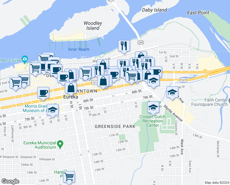 map of restaurants, bars, coffee shops, grocery stores, and more near 1227 6th Street in Eureka