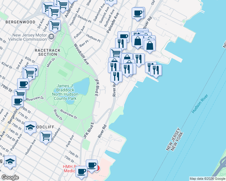 map of restaurants, bars, coffee shops, grocery stores, and more near 8621 River Road in North Bergen
