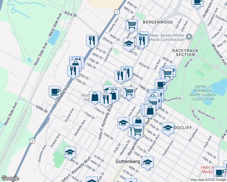 map of restaurants, bars, coffee shops, grocery stores, and more near 7612 Smith Avenue in North Bergen