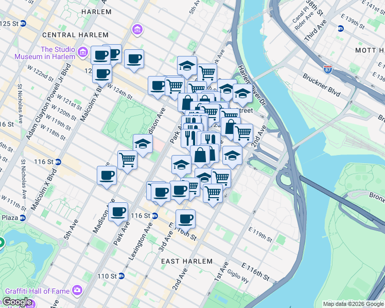 map of restaurants, bars, coffee shops, grocery stores, and more near in New York