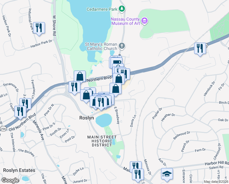 map of restaurants, bars, coffee shops, grocery stores, and more near 98 Skillman Street in Roslyn
