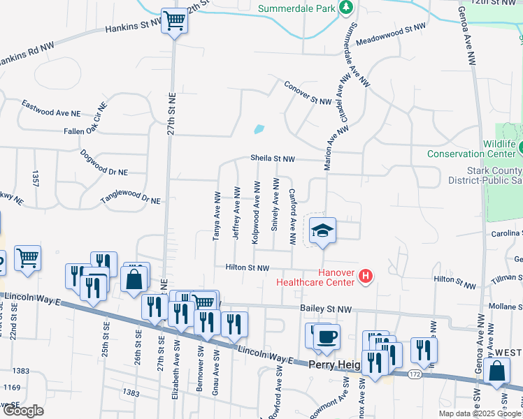 map of restaurants, bars, coffee shops, grocery stores, and more near 704 Kolpwood Avenue Northwest in Massillon