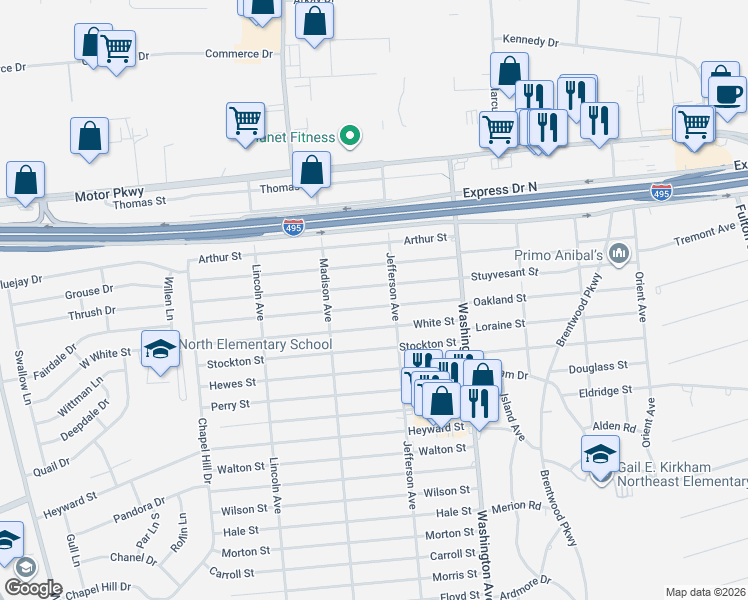 map of restaurants, bars, coffee shops, grocery stores, and more near 40 Franklin Street in Brentwood