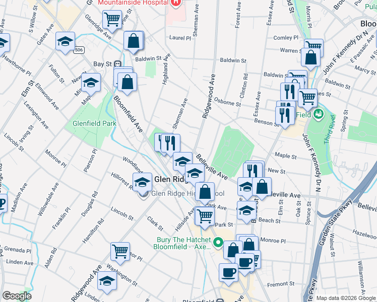 map of restaurants, bars, coffee shops, grocery stores, and more near 264 Ridgewood Avenue in Glen Ridge