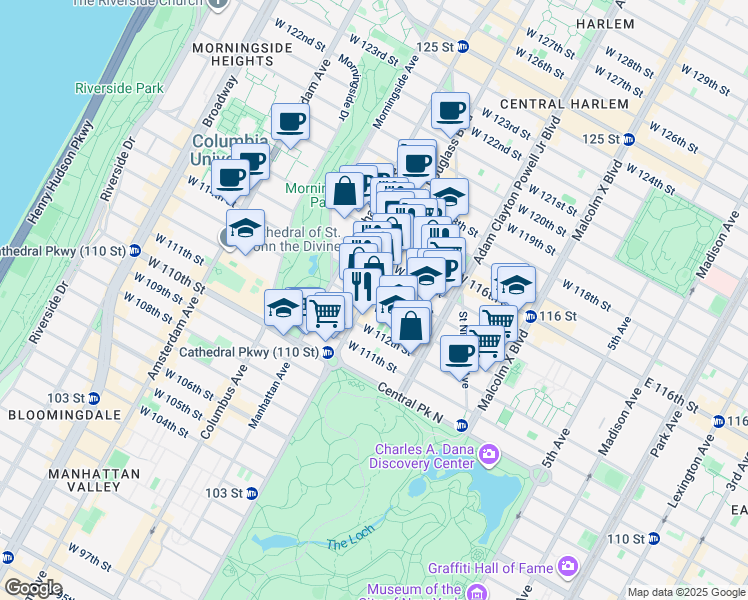 map of restaurants, bars, coffee shops, grocery stores, and more near 2092 Frederick Douglass Boulevard in New York