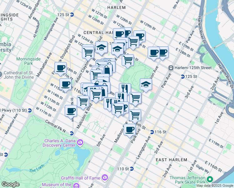 map of restaurants, bars, coffee shops, grocery stores, and more near 11 West 118th Street in New York