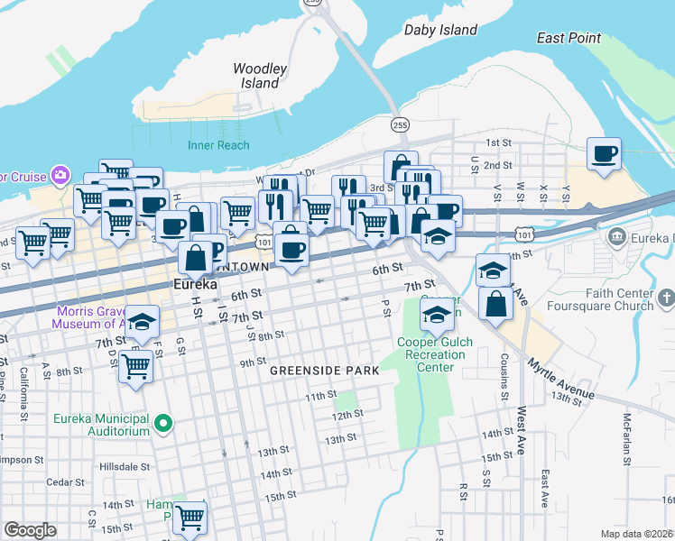 map of restaurants, bars, coffee shops, grocery stores, and more near 510 O Street in Eureka