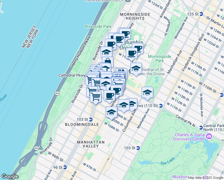 map of restaurants, bars, coffee shops, grocery stores, and more near 211 West 109th Street in New York