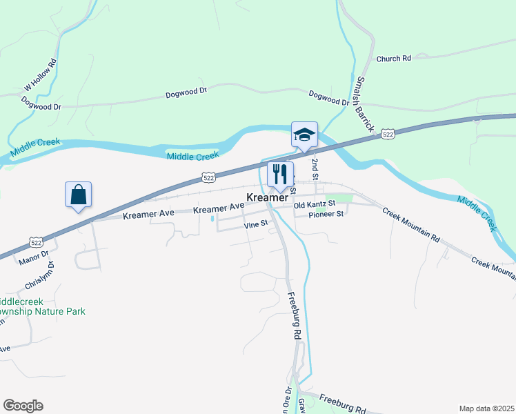 map of restaurants, bars, coffee shops, grocery stores, and more near in Kreamer