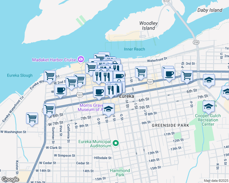map of restaurants, bars, coffee shops, grocery stores, and more near 412 G Street in Eureka