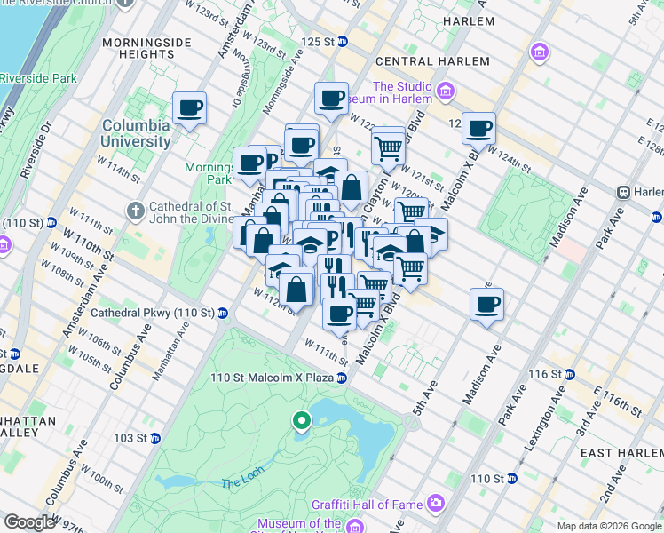 map of restaurants, bars, coffee shops, grocery stores, and more near Adam Clayton Powell Junior Boulevard & West 115th Street in New York