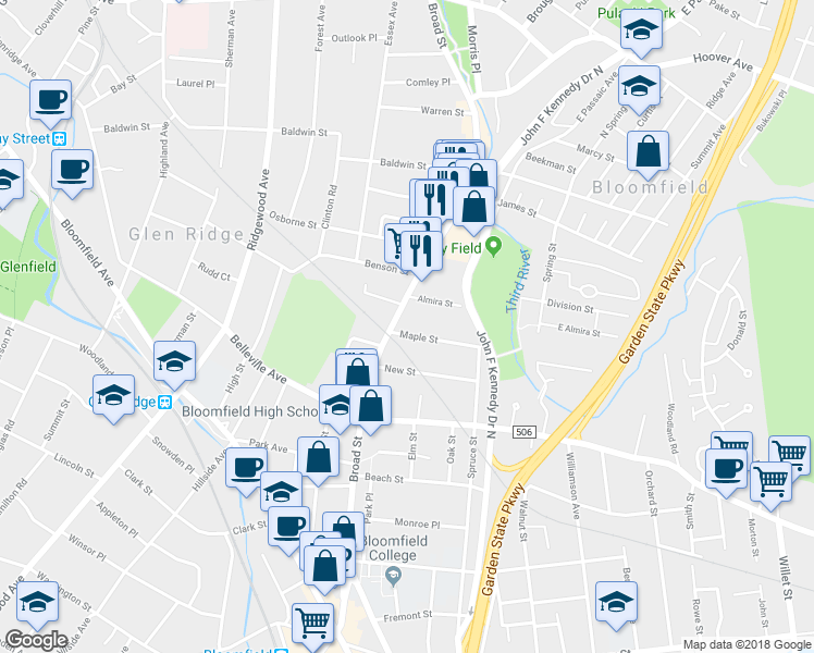 map of restaurants, bars, coffee shops, grocery stores, and more near 249 North Broad Street in Bloomfield