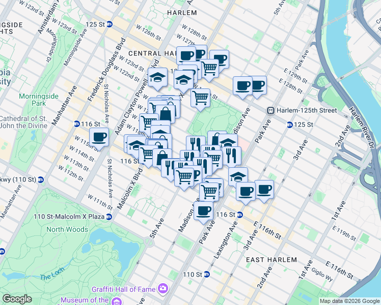 map of restaurants, bars, coffee shops, grocery stores, and more near 8 West 119th Street in New York