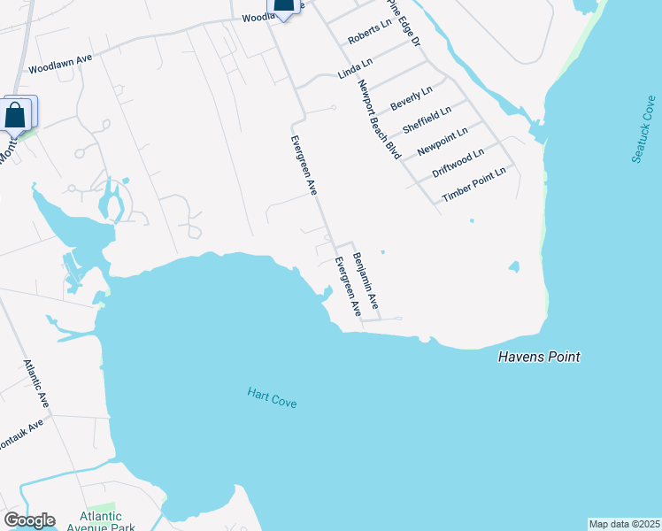 map of restaurants, bars, coffee shops, grocery stores, and more near 89 Evergreen Avenue in East Moriches