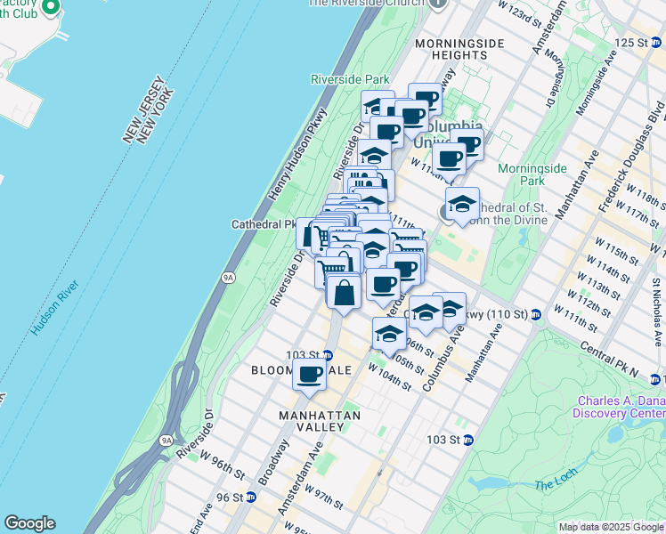 map of restaurants, bars, coffee shops, grocery stores, and more near 300 West 108th Street in New York