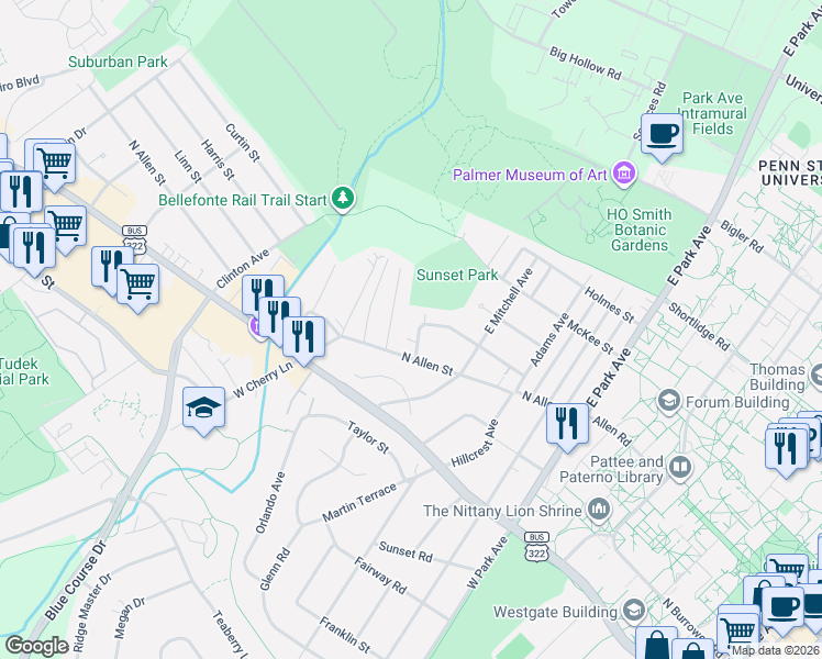 map of restaurants, bars, coffee shops, grocery stores, and more near 118 Longmeadow Lane in State College