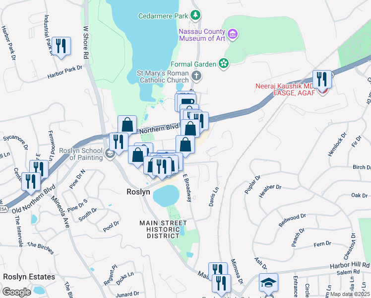 map of restaurants, bars, coffee shops, grocery stores, and more near 98 Skillman Street in Roslyn