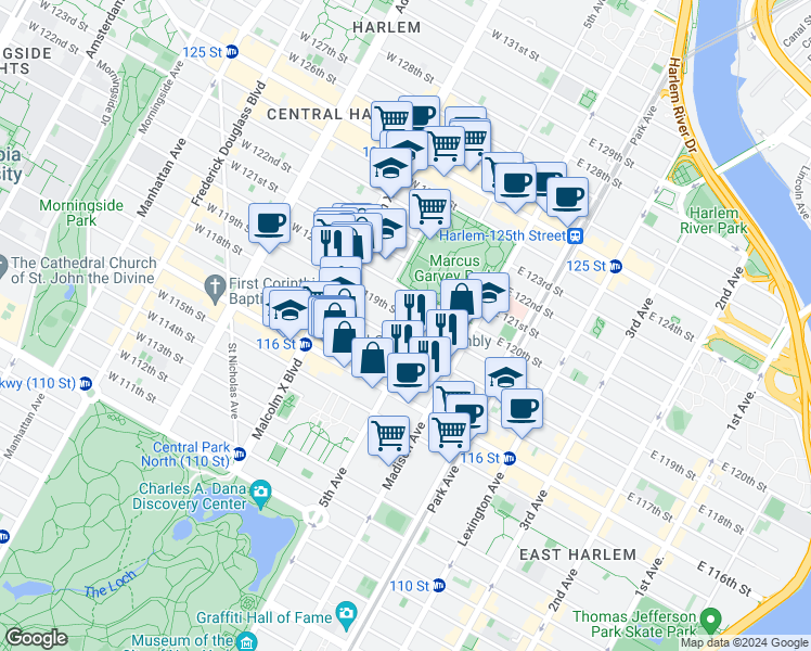 map of restaurants, bars, coffee shops, grocery stores, and more near 11 West 119th Street in New York