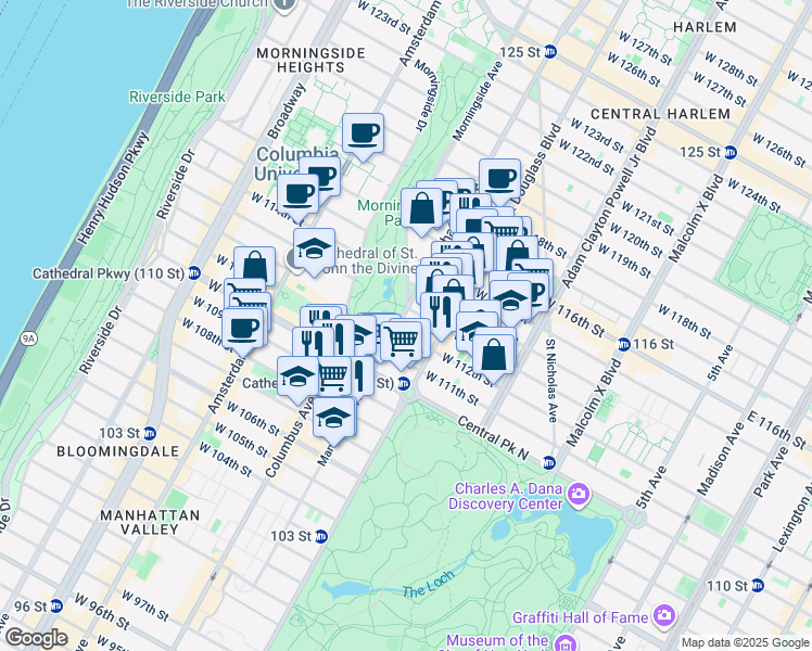 map of restaurants, bars, coffee shops, grocery stores, and more near Morningside Avenue in New York