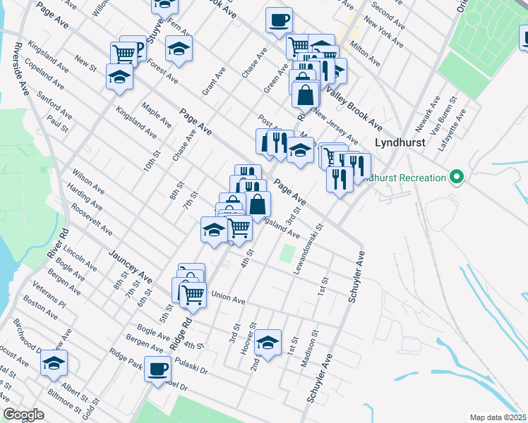 map of restaurants, bars, coffee shops, grocery stores, and more near 590 Ridge Road in Lyndhurst