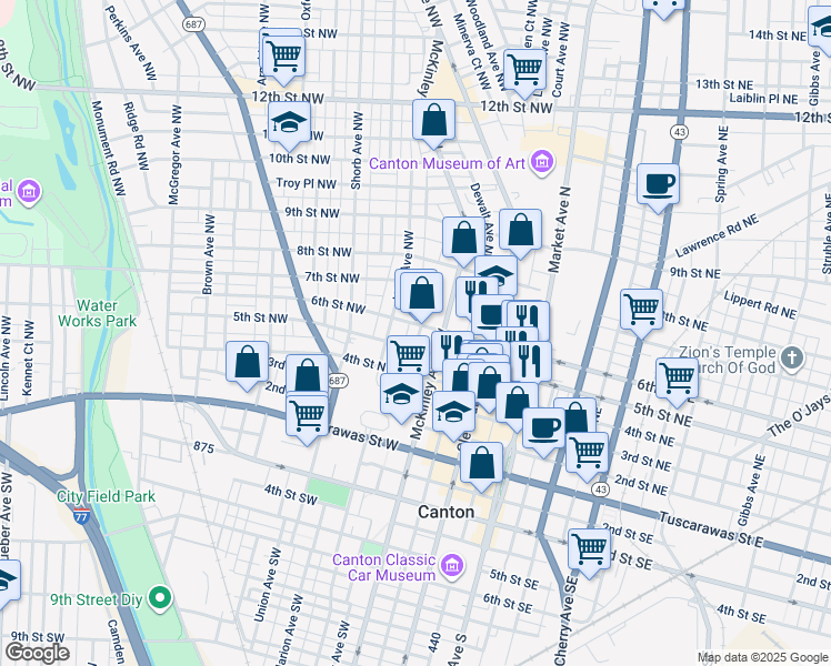 map of restaurants, bars, coffee shops, grocery stores, and more near 604 6th Street Northwest in Canton