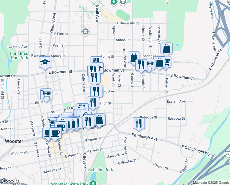 map of restaurants, bars, coffee shops, grocery stores, and more near 622 Nold Avenue in Wooster