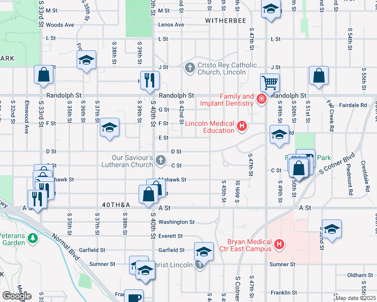 map of restaurants, bars, coffee shops, grocery stores, and more near 4244 D Street in Lincoln
