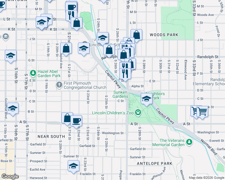 map of restaurants, bars, coffee shops, grocery stores, and more near 1018 South 26th Street in Lincoln
