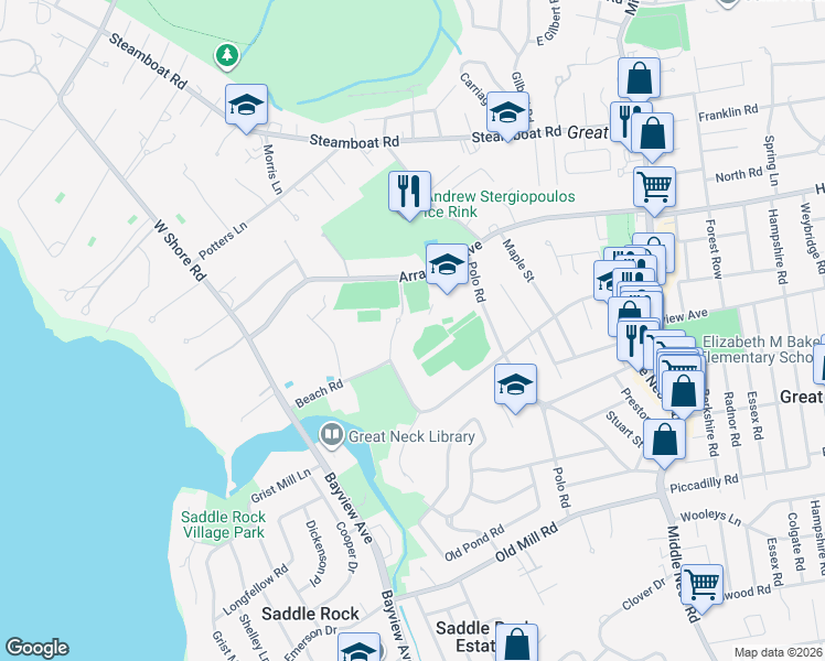 map of restaurants, bars, coffee shops, grocery stores, and more near 7 Alger Rd in Great Neck