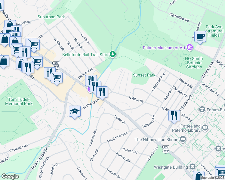map of restaurants, bars, coffee shops, grocery stores, and more near 102 East Cherry Lane in State College