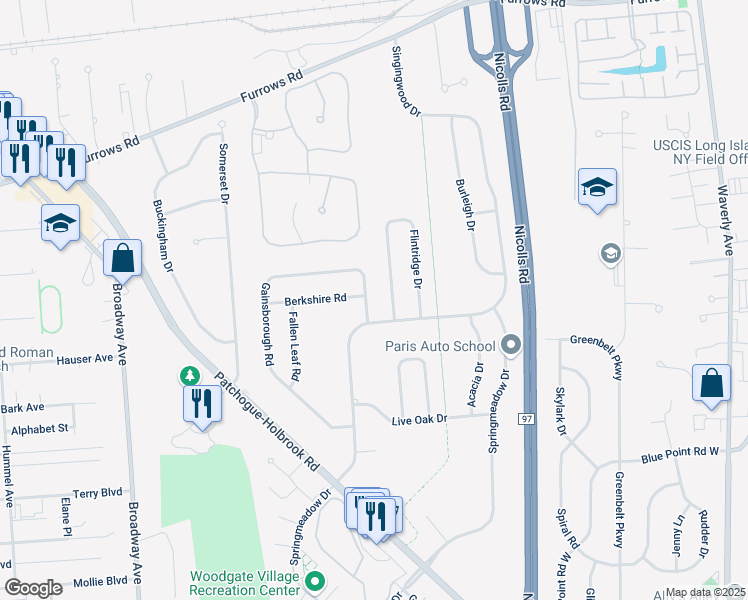 map of restaurants, bars, coffee shops, grocery stores, and more near 205 Gainsborough Road in Holbrook