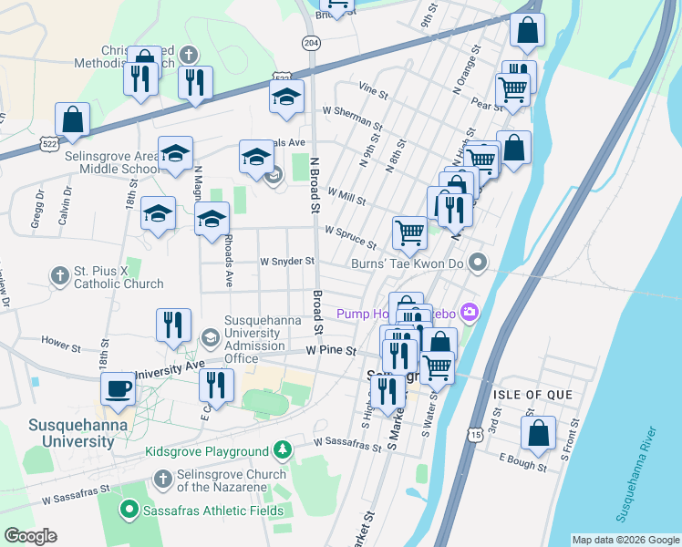 map of restaurants, bars, coffee shops, grocery stores, and more near 212 W Snyder St in Selinsgrove
