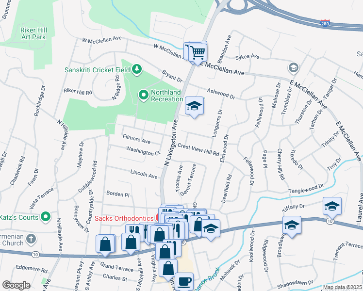map of restaurants, bars, coffee shops, grocery stores, and more near 7 Crestview Hill Road in Livingston