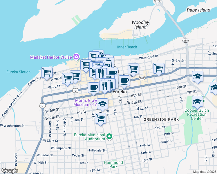 map of restaurants, bars, coffee shops, grocery stores, and more near 412 G Street in Eureka