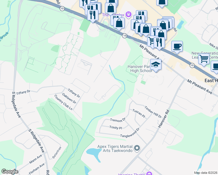 map of restaurants, bars, coffee shops, grocery stores, and more near 111 Timber Hill Drive in East Hanover