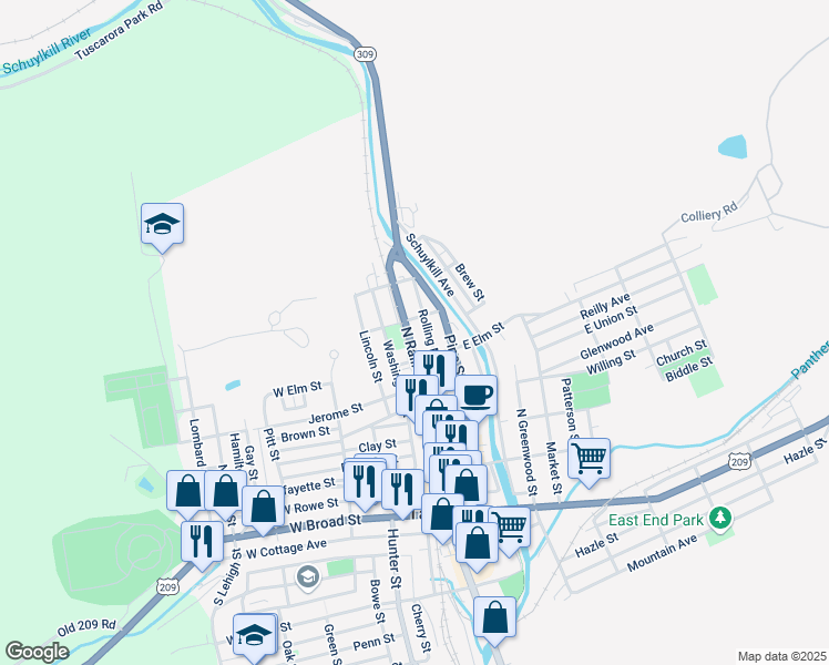 map of restaurants, bars, coffee shops, grocery stores, and more near 425 North Railroad Street in Tamaqua