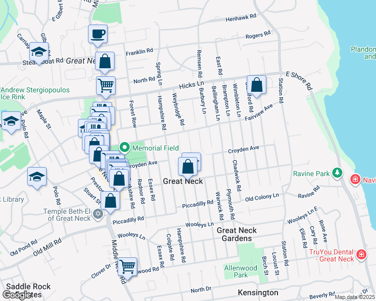 map of restaurants, bars, coffee shops, grocery stores, and more near 10 Bromley Lane in Great Neck