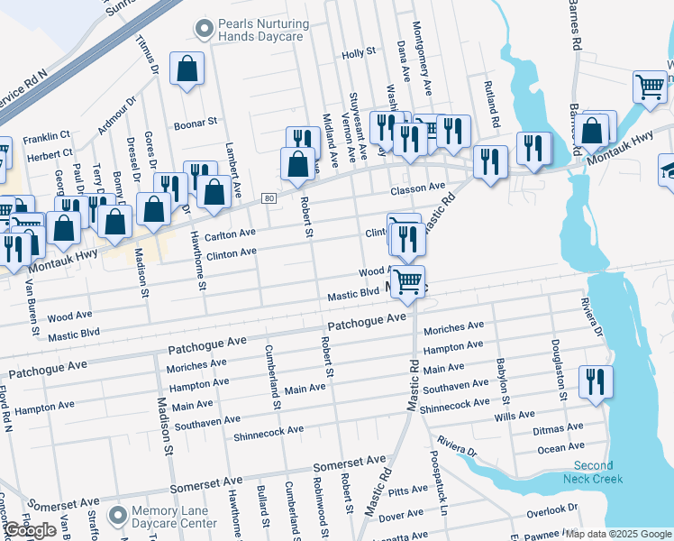 map of restaurants, bars, coffee shops, grocery stores, and more near 111 Wood Avenue in Mastic