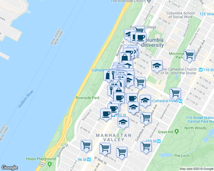 map of restaurants, bars, coffee shops, grocery stores, and more near 345 Riverside Drive in New York