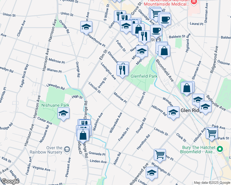 map of restaurants, bars, coffee shops, grocery stores, and more near 115 Maple Avenue in Montclair