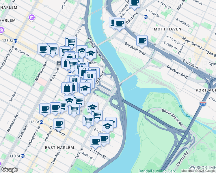 map of restaurants, bars, coffee shops, grocery stores, and more near 326 East 126th Street in New York