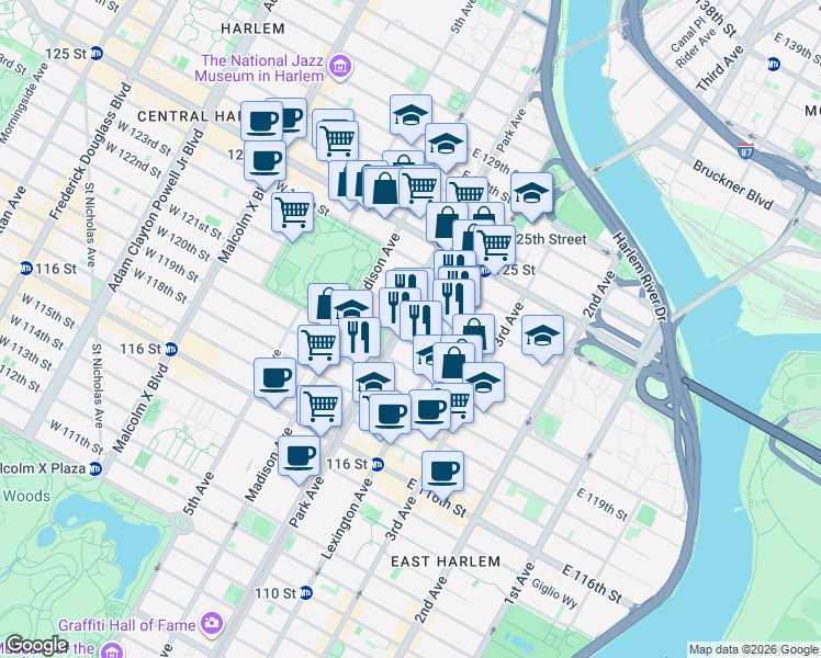 map of restaurants, bars, coffee shops, grocery stores, and more near 51 East 122nd Street in New York
