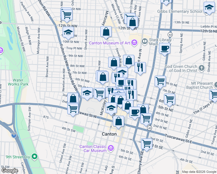 map of restaurants, bars, coffee shops, grocery stores, and more near McKinley Ave NW & 6th St NW in Canton