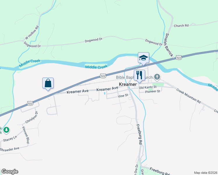 map of restaurants, bars, coffee shops, grocery stores, and more near 437 Kreamer Avenue in Middleburg