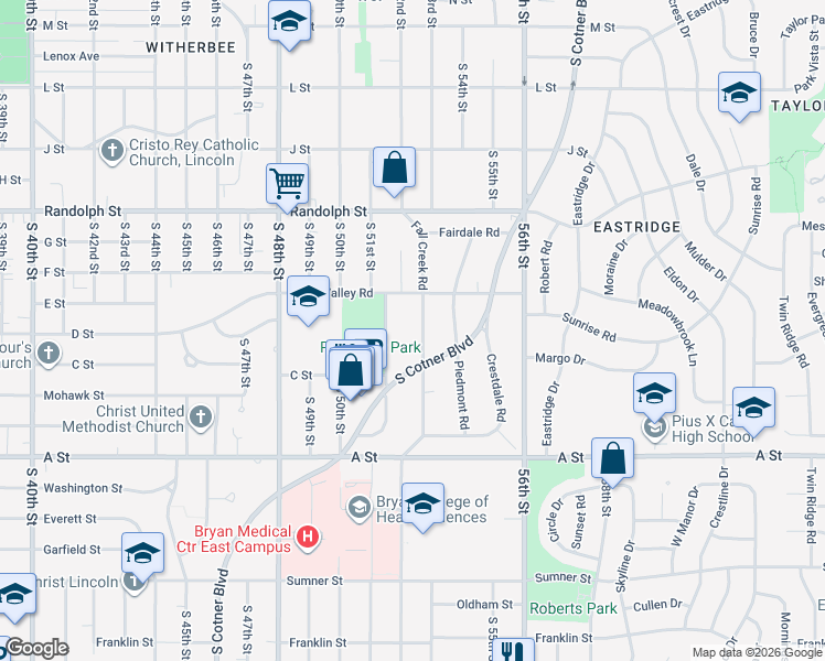 map of restaurants, bars, coffee shops, grocery stores, and more near 1036 Fall Creek Road in Lincoln
