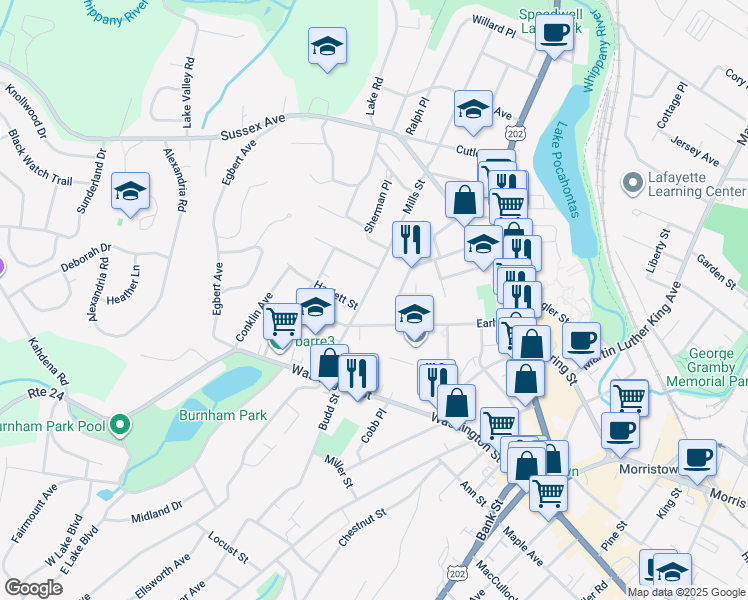 map of restaurants, bars, coffee shops, grocery stores, and more near 53 Mills Street in Morristown