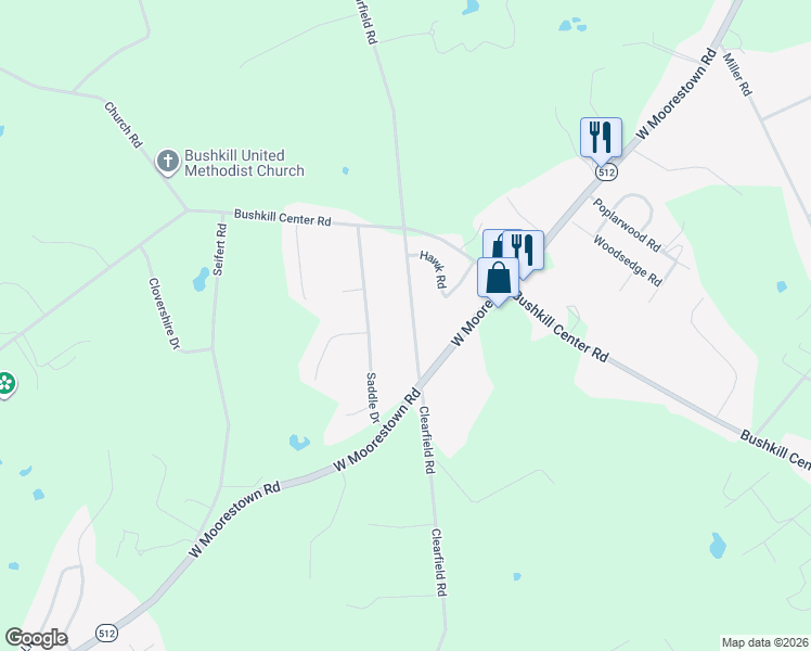 map of restaurants, bars, coffee shops, grocery stores, and more near 1223 Clearfield Road in Nazareth